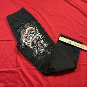 Mens 30 - ED HARDY Large Fire Dragon Cargo 4 Pocket Cotton Black Utility Pants